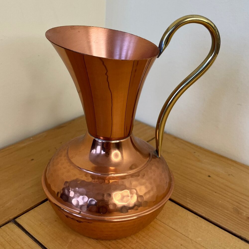 Hammered Copper Pitcher with Brass Handle ELPEC Made in England Flower Vase